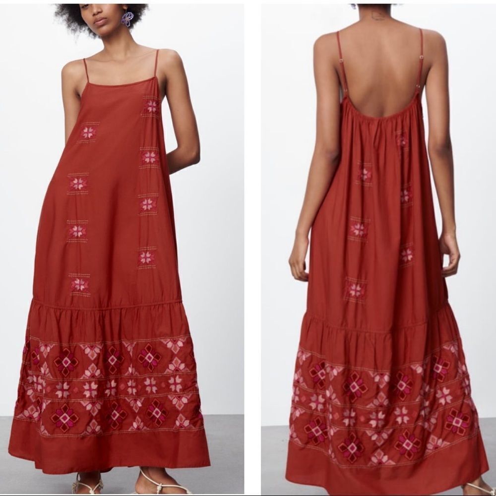 EMBROIDERED MIDI DRESS - TERRACOTTA
